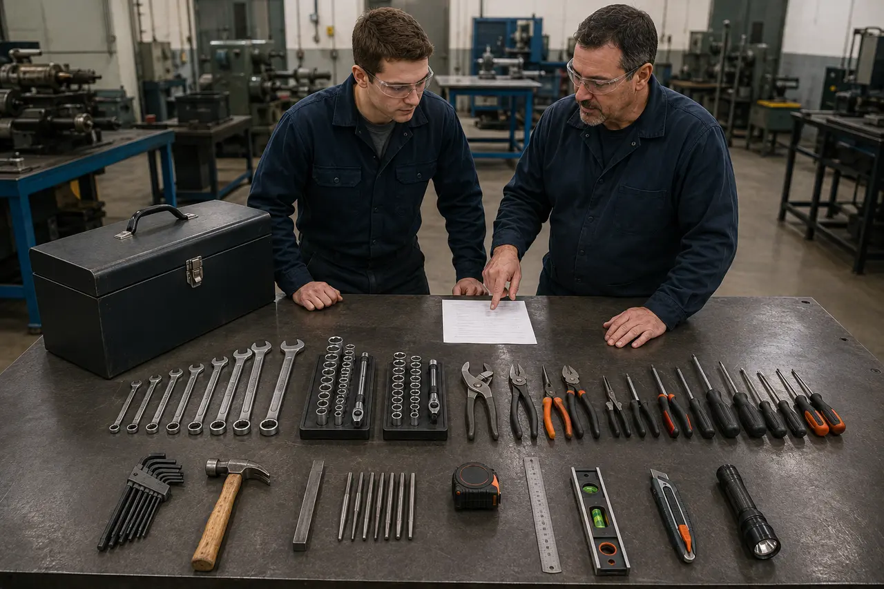 Apprentice and instructor reviewing a logo-free first-toolbox layout