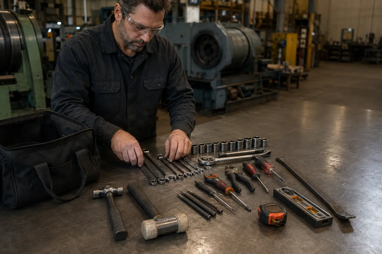 Millwright organizing a logo-free core hand-tool kit on a steel workbench