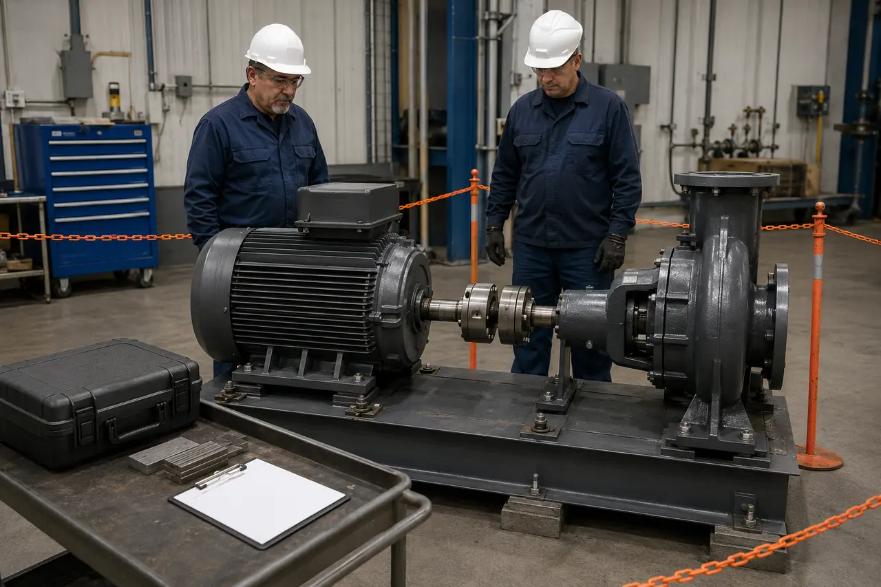 Two logo-free millwrights reviewing a stationary motor and pump before alignment