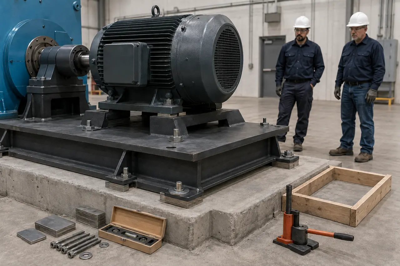 Logo-free machinery installation setup with supported motor baseplate and staged tools