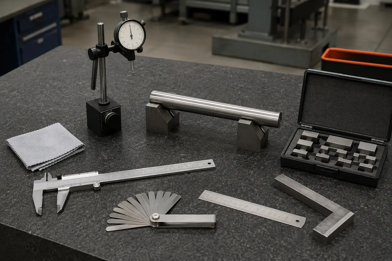 Logo-free precision instruments organized on a granite inspection surface