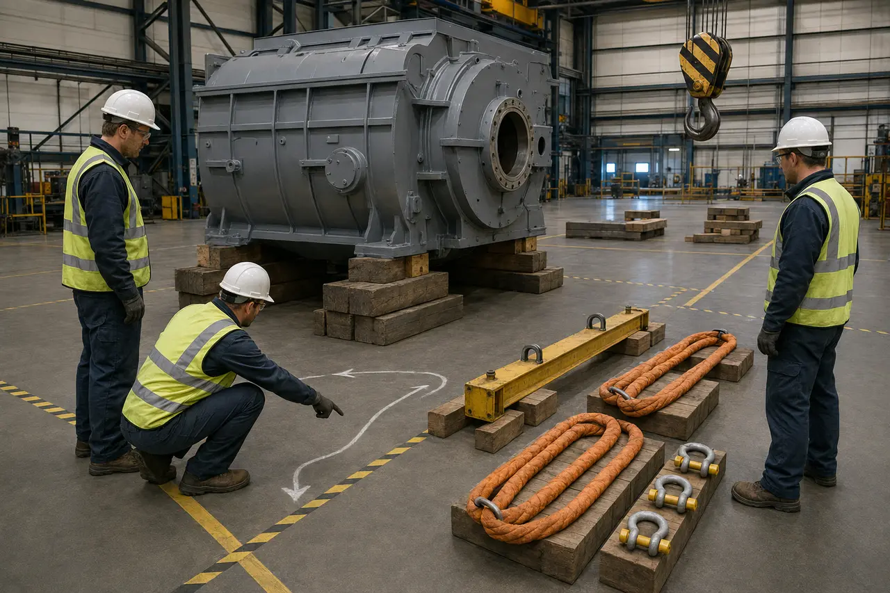 Logo-free rigging crew reviewing a supported industrial load and disconnected rigging