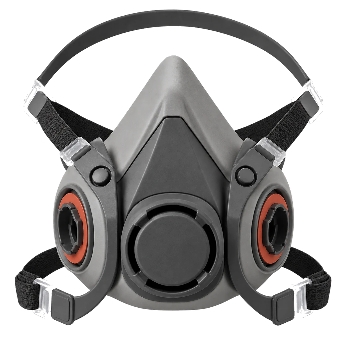 Product image of a front-facing reusable half-mask respirator on a transparent background