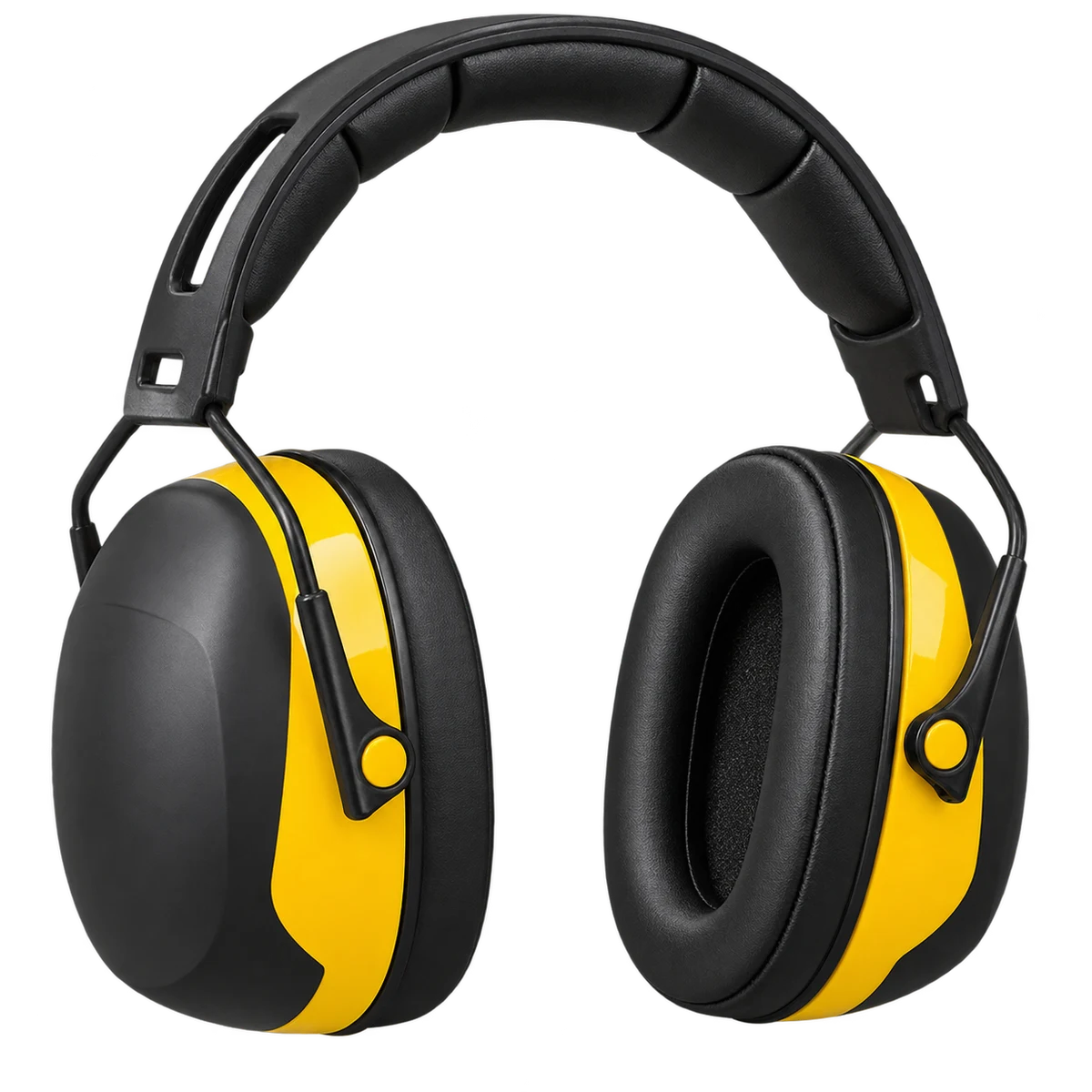 Product image of black and yellow over-the-head hearing-protection earmuffs on a transparent background