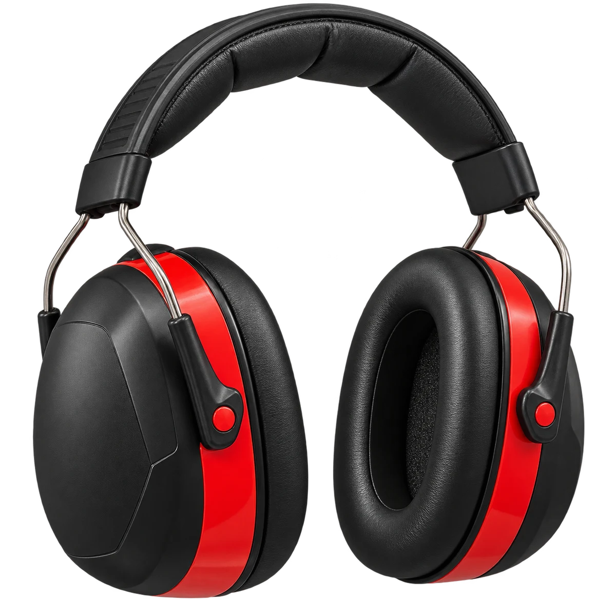 Product image of red and black industrial earmuffs on a transparent background