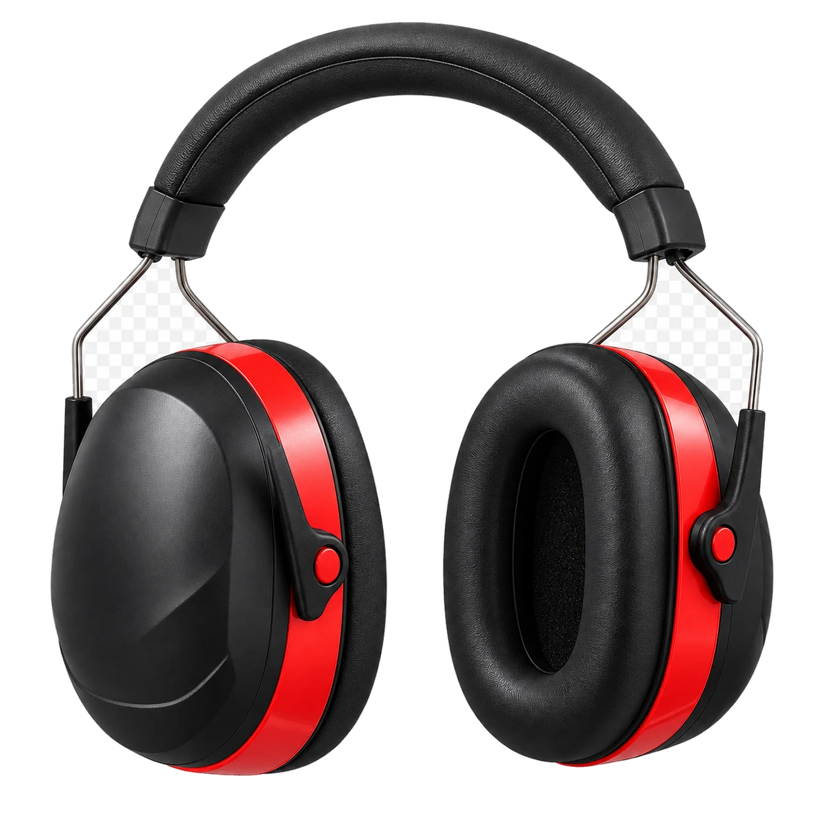 Product image of red and black over-the-head hearing-protection earmuffs on a transparent background