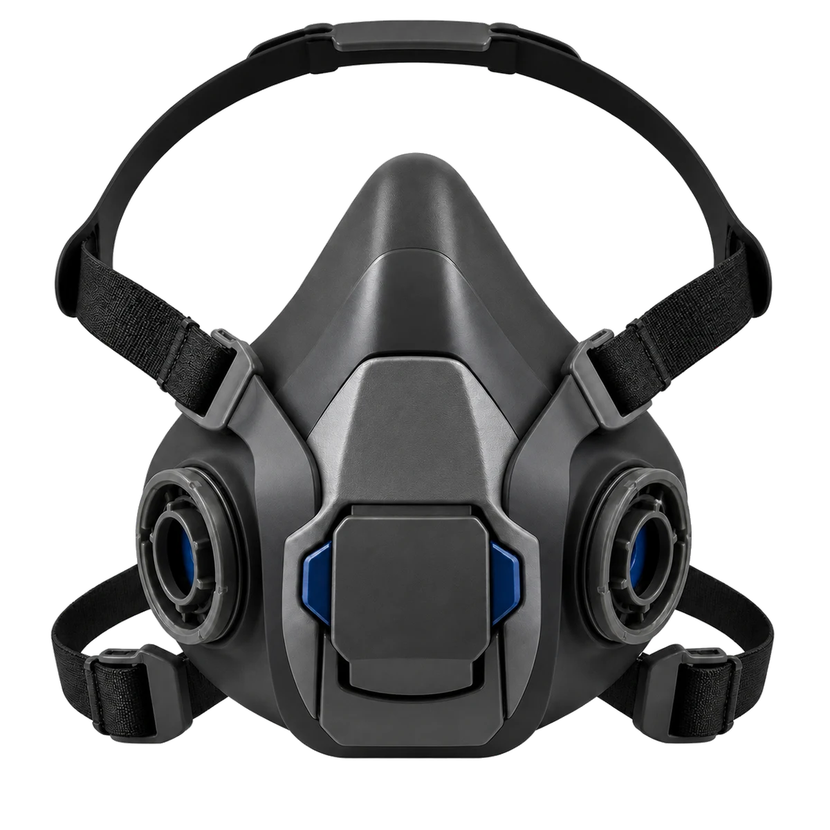 Product image of a low-profile quick-latch half-mask respirator on a transparent background