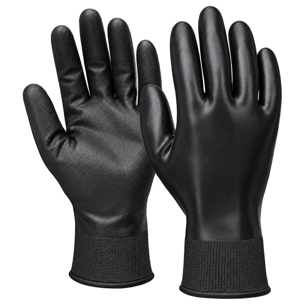 Product image of black oil-grip cut-resistant work gloves on a transparent background