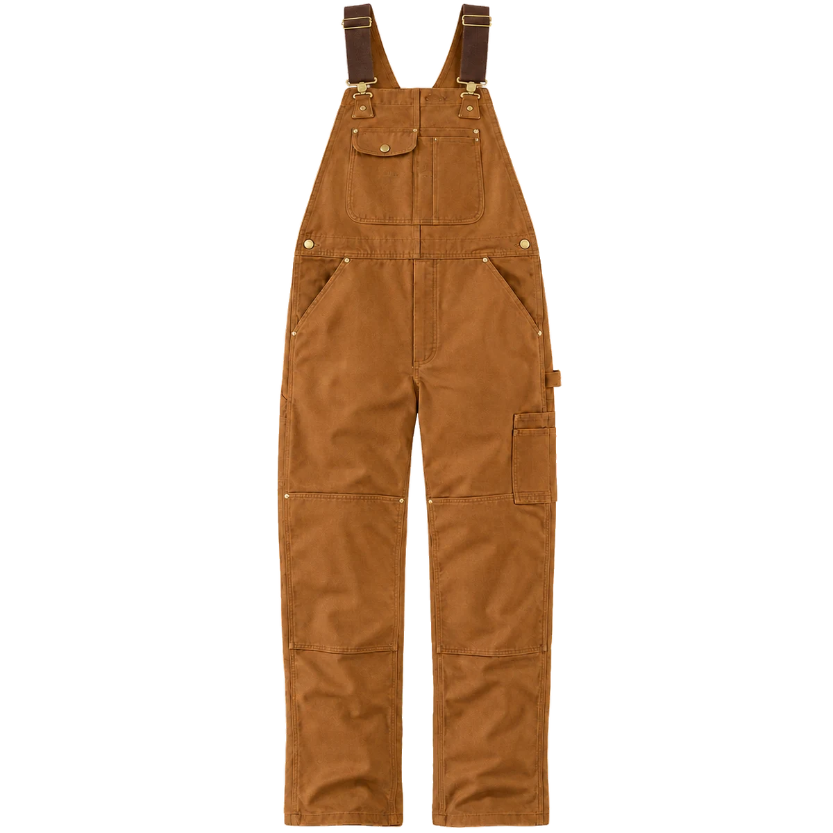 Product image of brown duck bib overalls on a transparent background