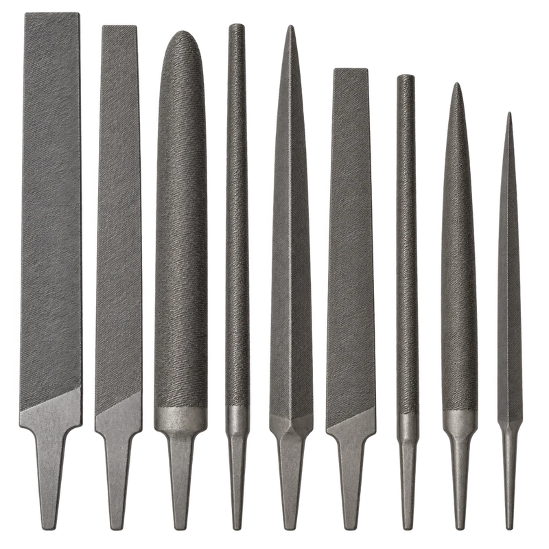 Original brand-neutral illustration of a nine-piece maintenance file set