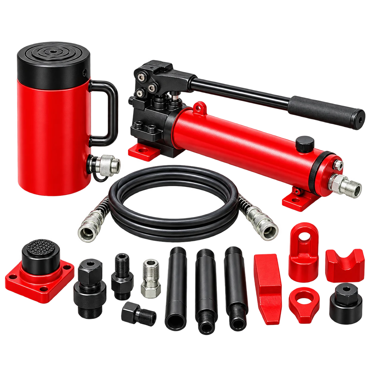 Original product-focused illustration representing an Enerpac ST254A hydraulic cylinder and steel hand pump set