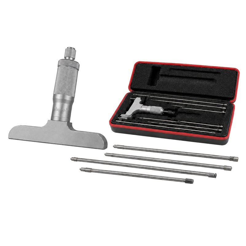 Custom product illustration representing a Starrett 440Z-6RL depth micrometer set with six rods and fitted case