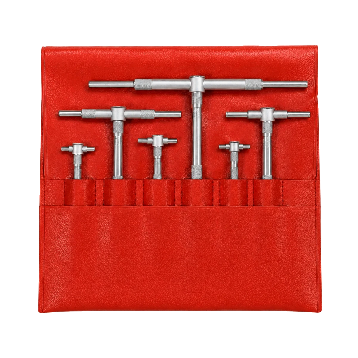 Custom product illustration representing a Starrett S579HZ telescoping gage set in a red vinyl pouch
