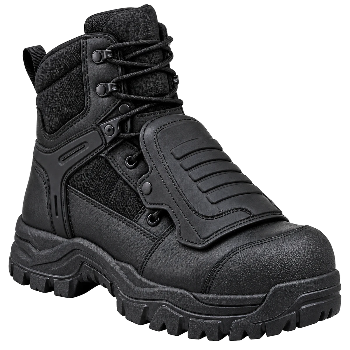 Product image of a black metatarsal work boot on a transparent background