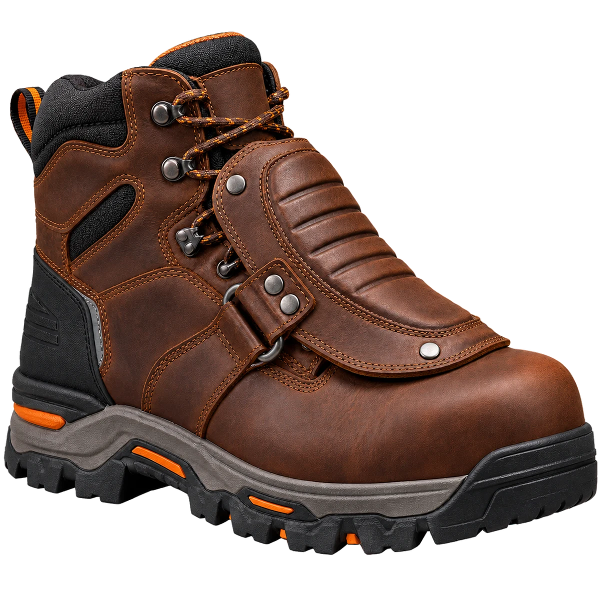 Product image of a rugged brown steel-toe work boot on a transparent background