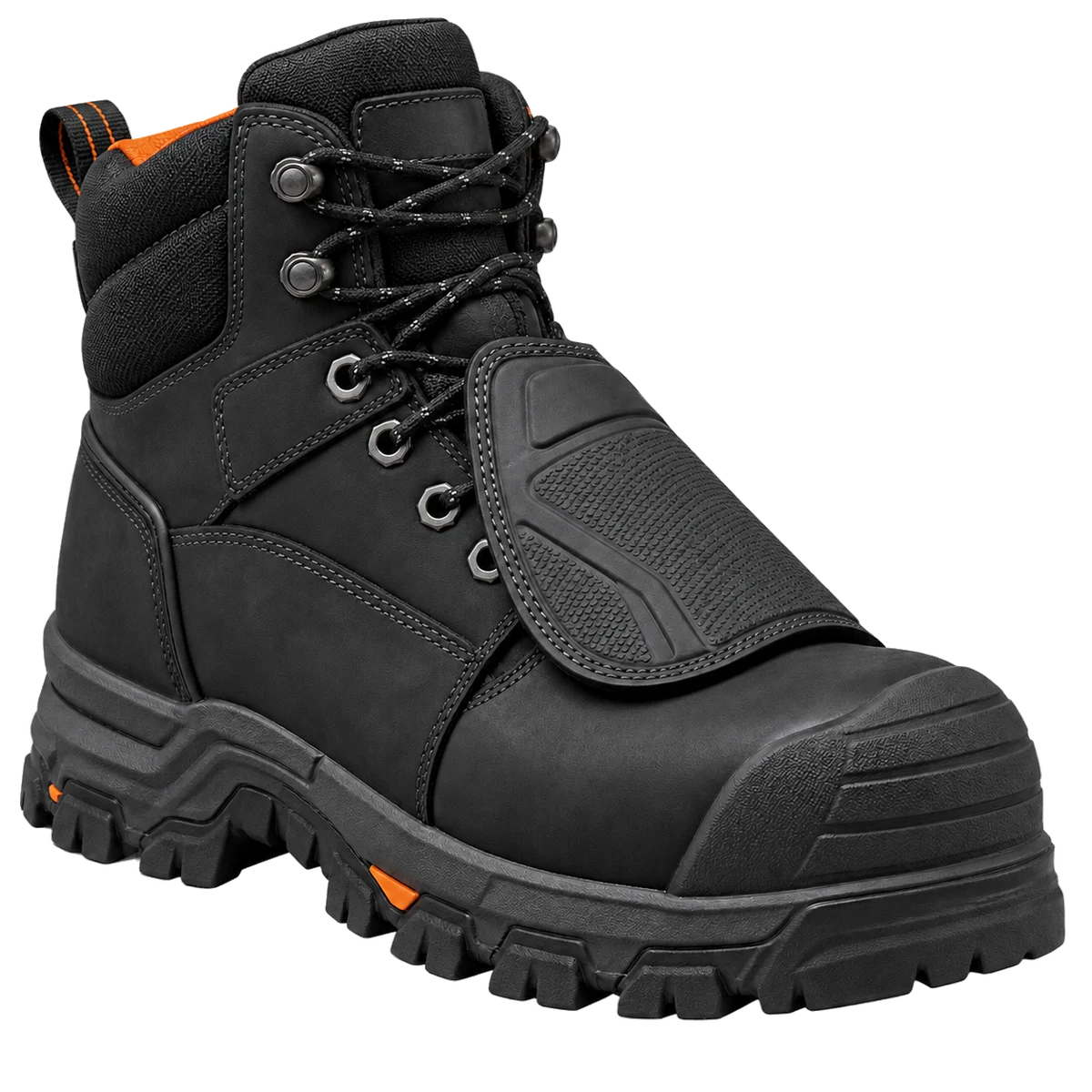 Product image of a black heavy-duty metatarsal-guard work boot on a transparent background