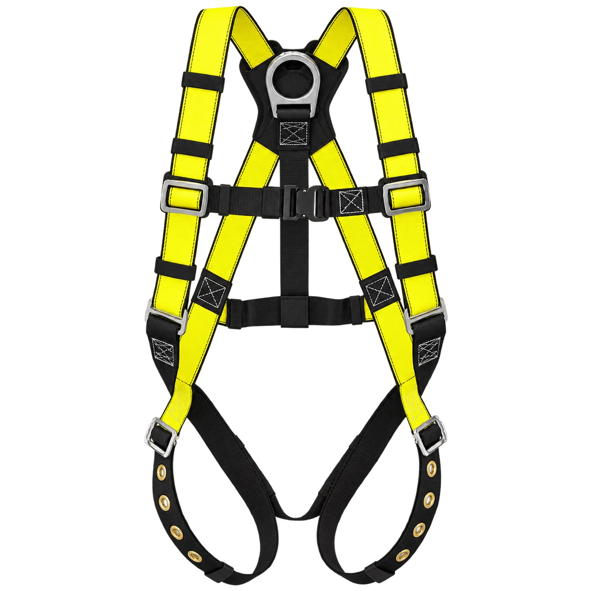 Product image of a high-visibility fall-protection safety harness on a transparent background