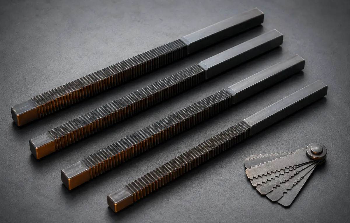 Original illustration of thread-restoring files and a thread-pitch gauge